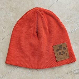 Mini Rodini Orange Beanie with Panda Patch Kids Hat 100% Cotton - Size 3-9Y